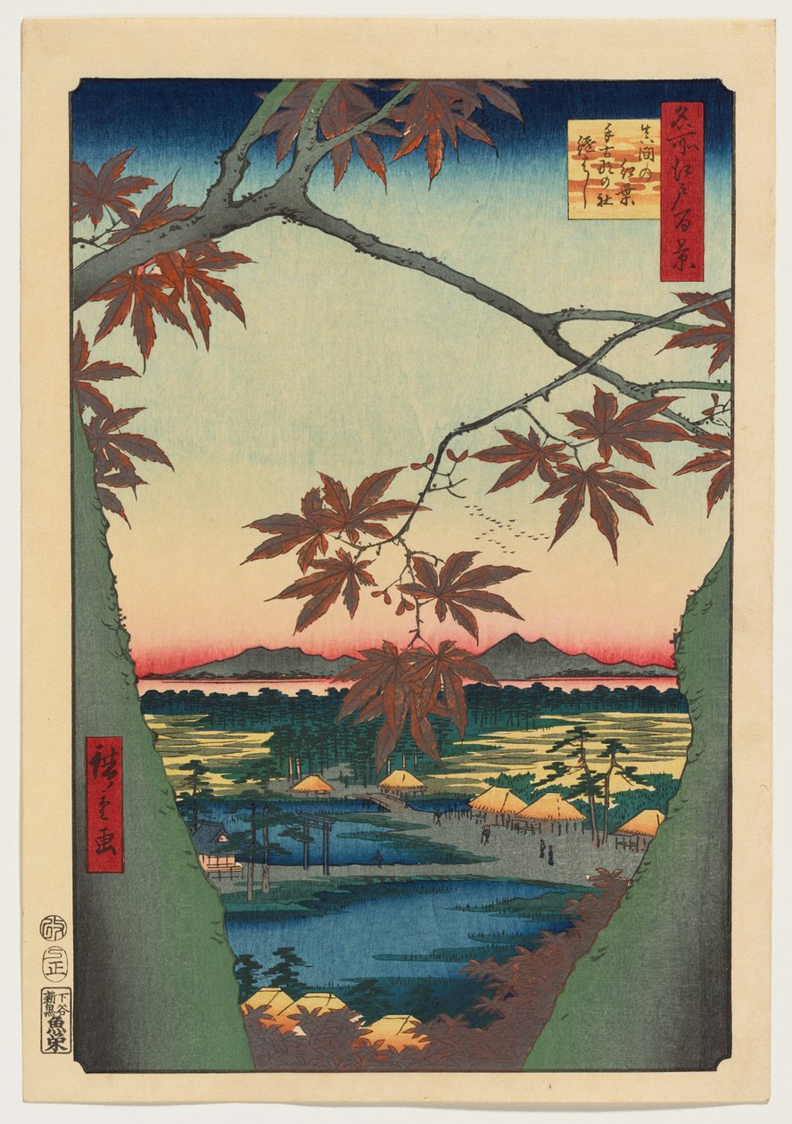 Lönnträd vid Mama, Tekona-helgedomen och den sammanlänkade bron av Utagawa Hiroshige