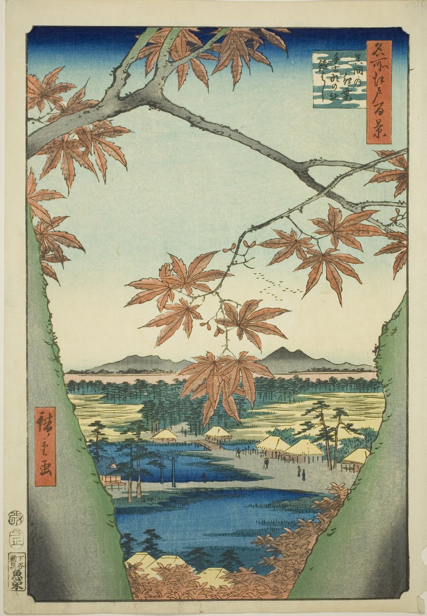 Lönnträd vid Mama, Tekona Shrine och Tsugi Bridge (Mama no momiji, Tekona no yashiro, Tsugihashi), från serien "One Hundred Famous Views of Edo (Meisho Edo hyakkei)" av Utagawa Hiroshige