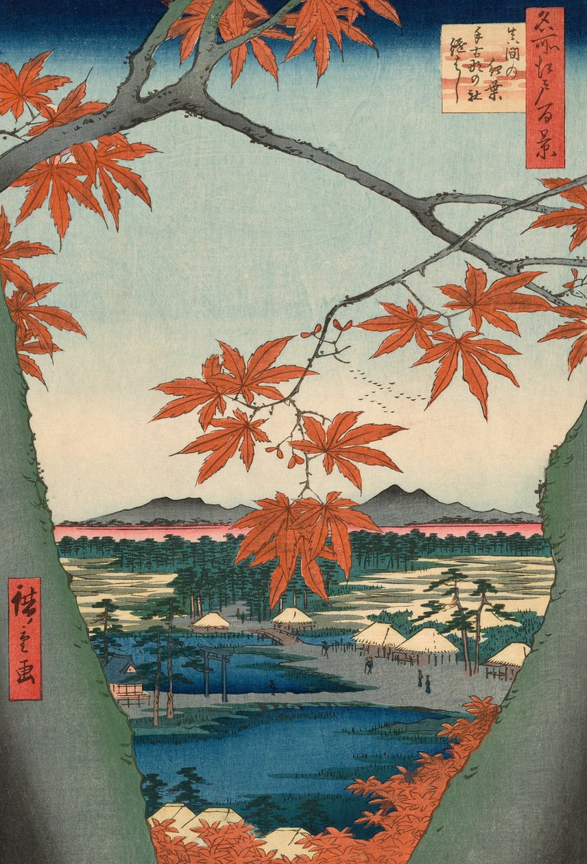 Lönnträd vid Mama, Tekona Shrine och Tsugi Bridge (Mama no momiji, Tekona no yashiro, Tsugihashi), från serien "One Hundred Famous Views of Edo (Meisho Edo hyakkei)" av Utagawa Hiroshige