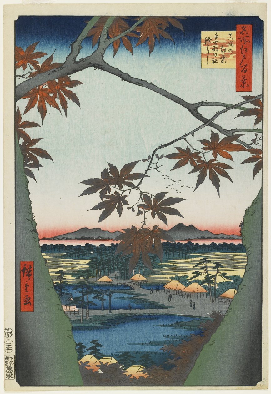 Lönnträd på Mama med utsikt över Tekona-helgedomen och bron, januari 1857 av Utagawa Hiroshige