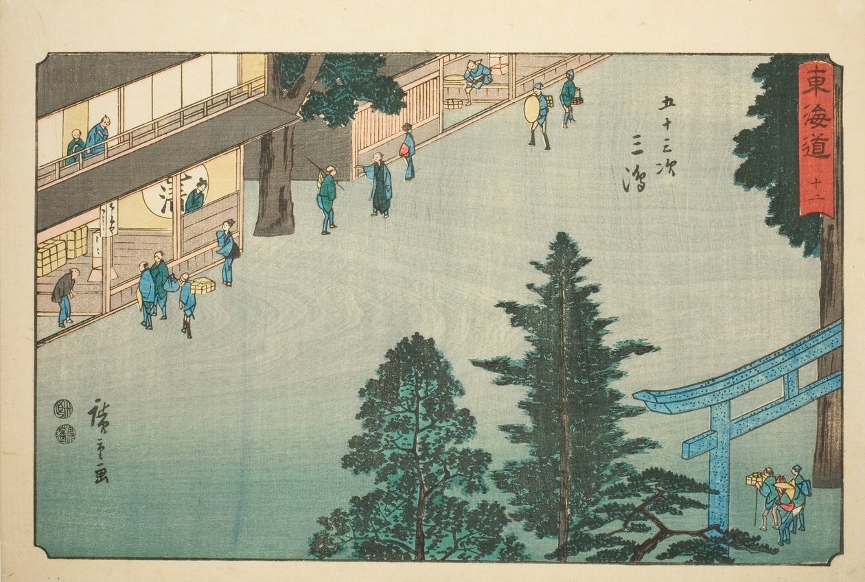Mishima-Nej. 12, från serien "Fifty-three Stations of the Tokaido (Tokaido gojusan tsugi)," även känd som Reisho Tokaido av Utagawa Hiroshige