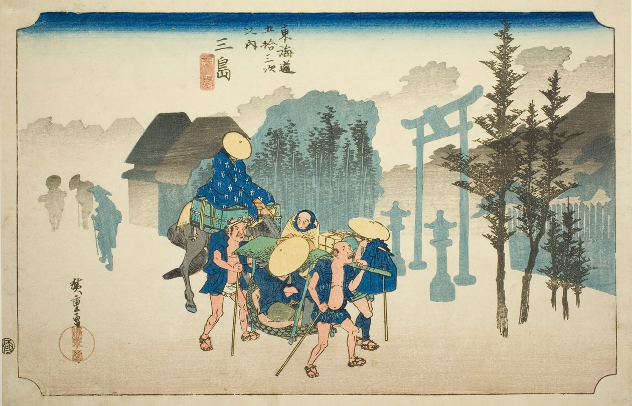 Mishima: Morning Mist (Mishima, asagiri), från serien "Fifty-three Stations of the Tokaido Road (Tokaido gojusan tsugi no uchi)," även känd som Hoeido Tokaido av Utagawa Hiroshige