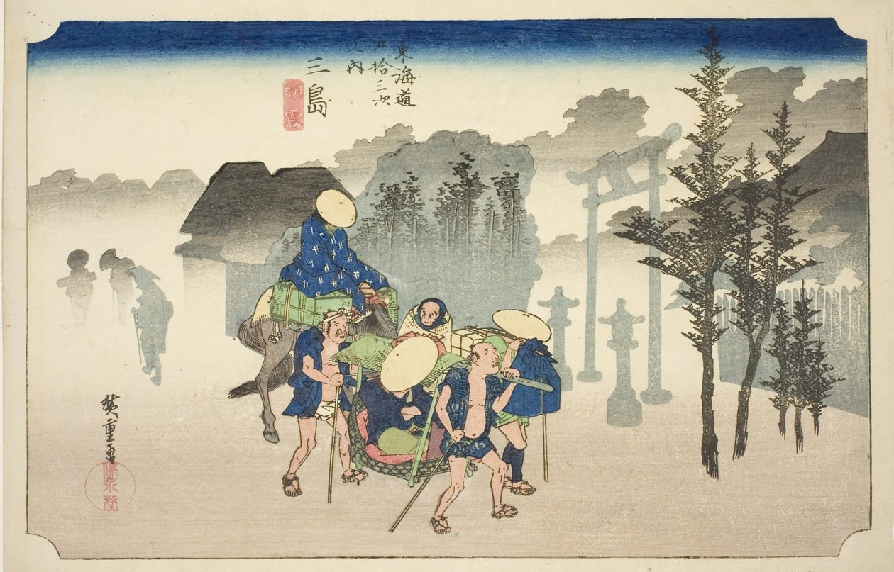 Mishima: Morning Mist (Mishima, asagiri), från serien "Fifty-three Stations of the Tokaido Road (Tokaido gojusan tsugi no uchi)," även känd som Hoeido Tokaido av Utagawa Hiroshige