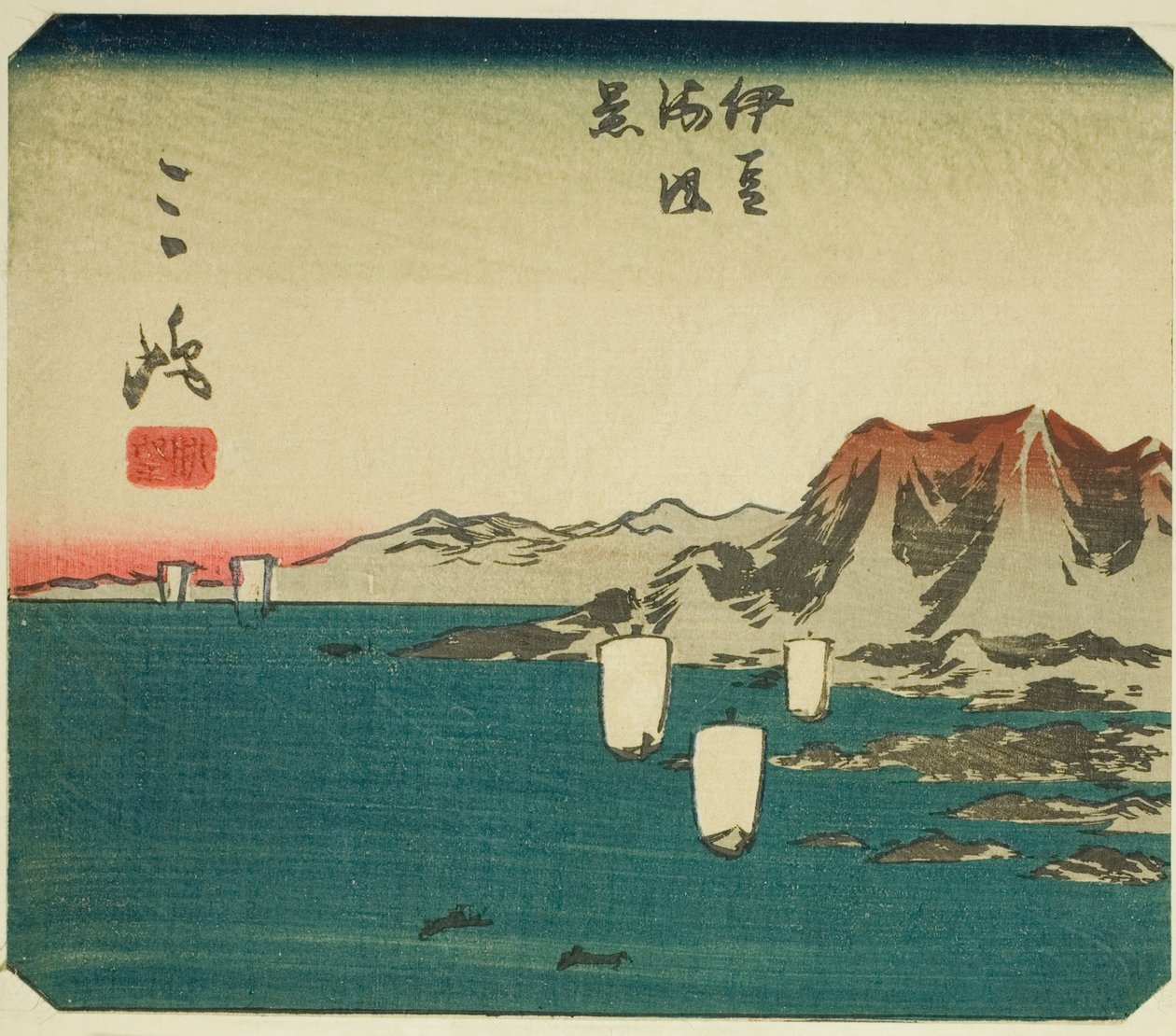 Mishima, sektion av ark nr. 3 från serien "Utklippta bilder av Tokaido (Tokaido harimaze zue)" av Utagawa Hiroshige