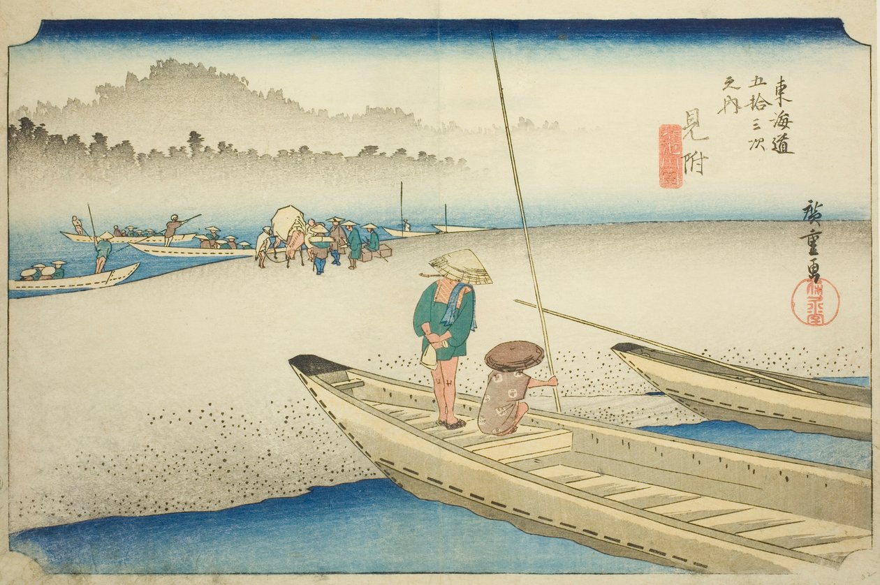 Mitsuke: Tenryu River View (Mitsuke, Tenryugawa zu), från serien "Fifty-three Stations of the Tokaido (Tokaido gojusan tsugi no uchi)," även känd som Hoeido Tokaido av Utagawa Hiroshige