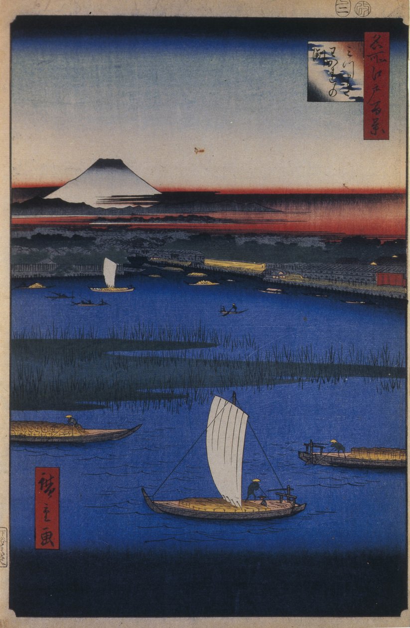 Kanten på den tredelade åsen d-re d fanet s Vie ws of Edo, 1856-1858 av Utagawa Hiroshige