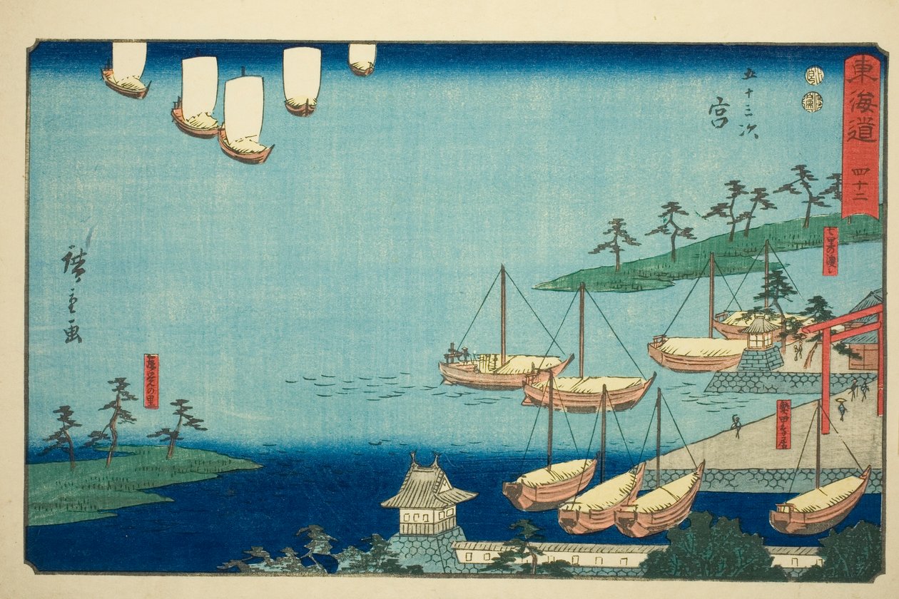 Miya: Shichiri Ferry Crossing, Gate to the Atsuta Shrine och Nezame Village (Miya, Shichiri no watashi, Atsuta no torii, Nezame no sato)—Nr. 42, från serien "Fifty-three Stations of the Tokaido (Tokaido gojusan tsugi) )," även känd som Reisho Tokaid av Utagawa Hiroshige
