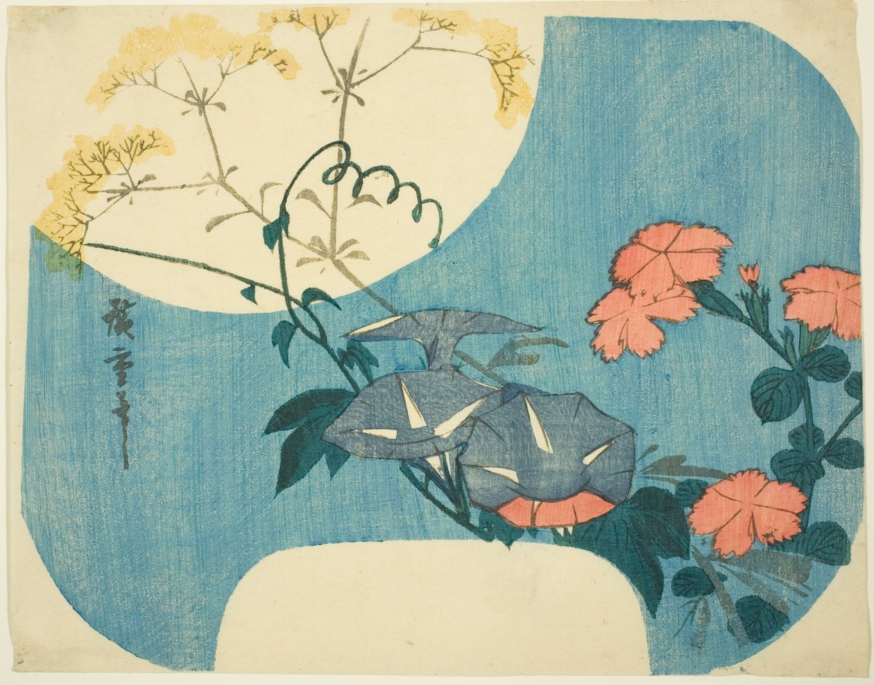 Morning Glories, Pinks och Maiden Flower, från serien "Seven Autumn Flowers in Moonlight" av Utagawa Hiroshige