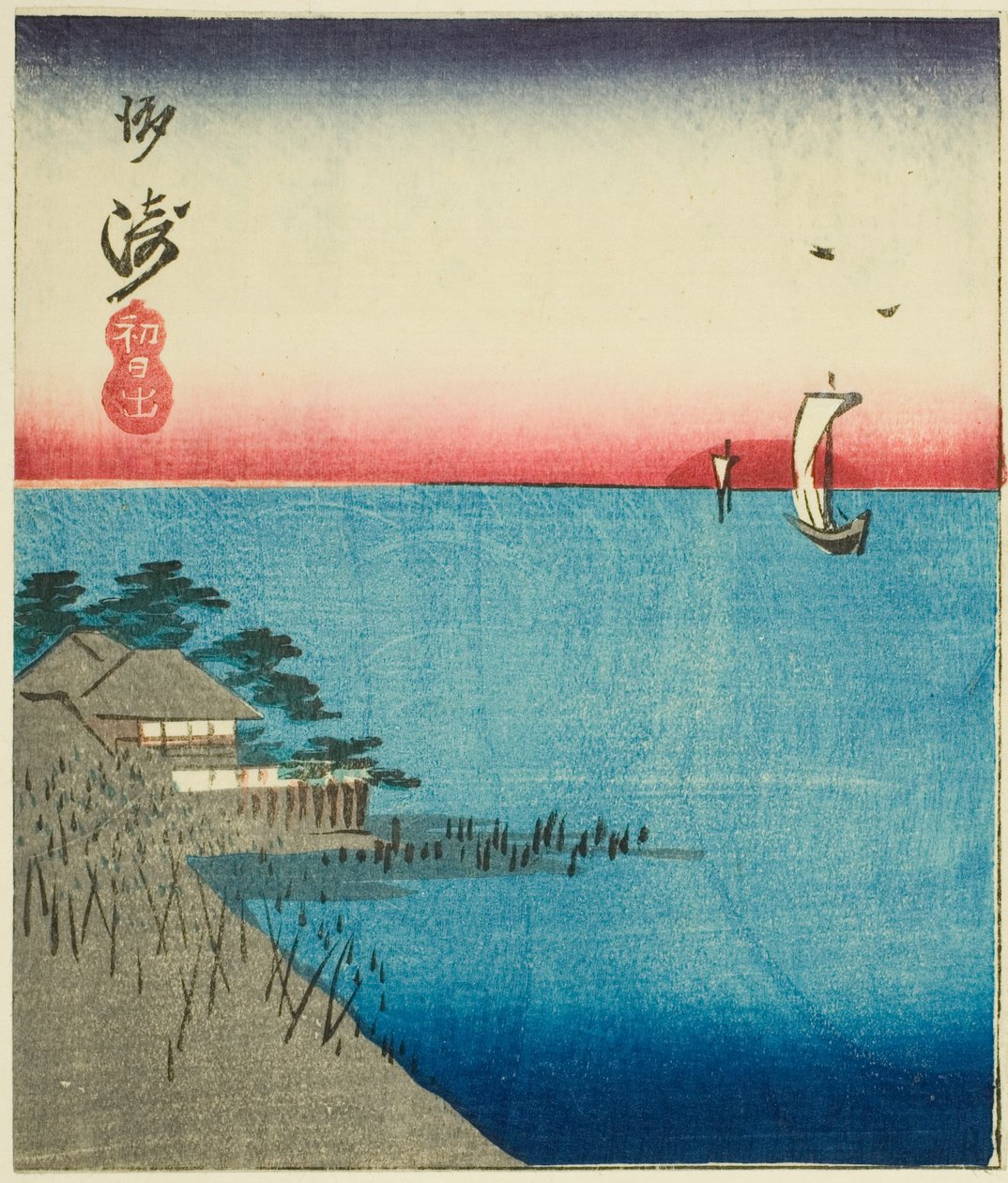 Morning Market at Nihon Bridge (Nihonbashi, asaichi), section of a sheet from the series "Cutouts of Famous Places in Edo (Harimaze Koto meisho)" av Utagawa Hiroshige