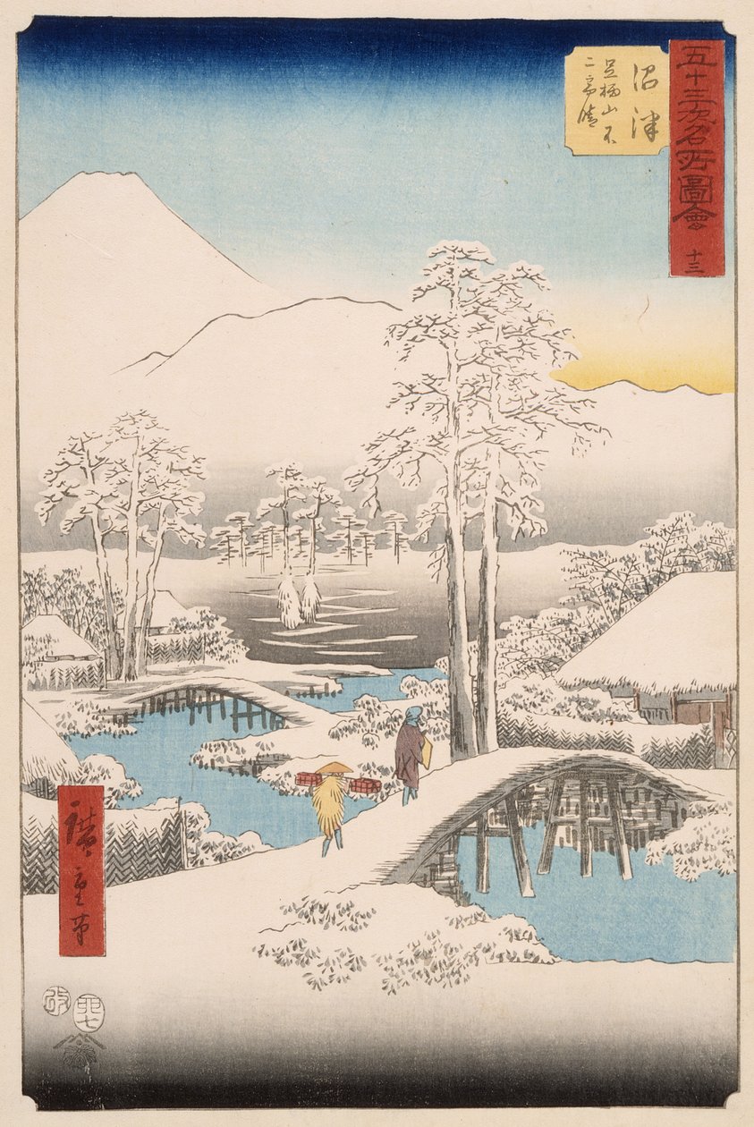 Berget Fuji och berget Ashigara sedda från Numazu i klart väder efter ett snöfall av Utagawa Hiroshige