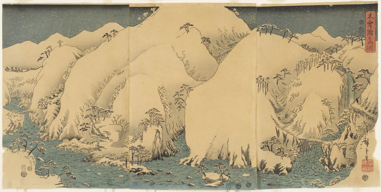 Berg och flod vid Kiso Pass, augusti 1857 av Utagawa Hiroshige