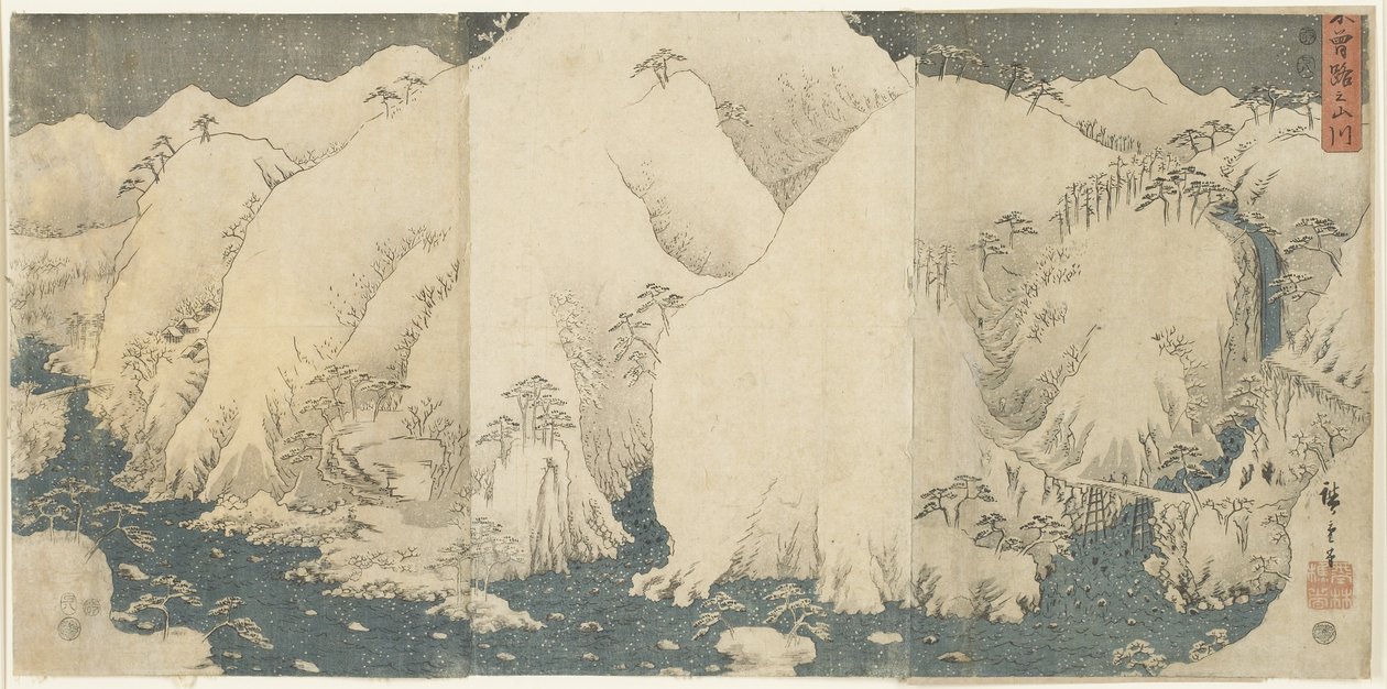Berg och flod vid Kiso Pass, augusti 1857 av Utagawa Hiroshige
