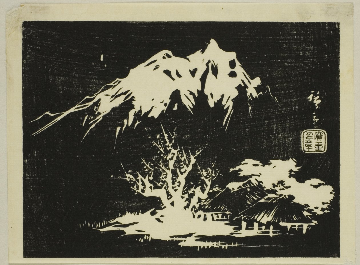 Bergslandskap, avsnitt av ett namnlöst harimaze-tryck av Utagawa Hiroshige