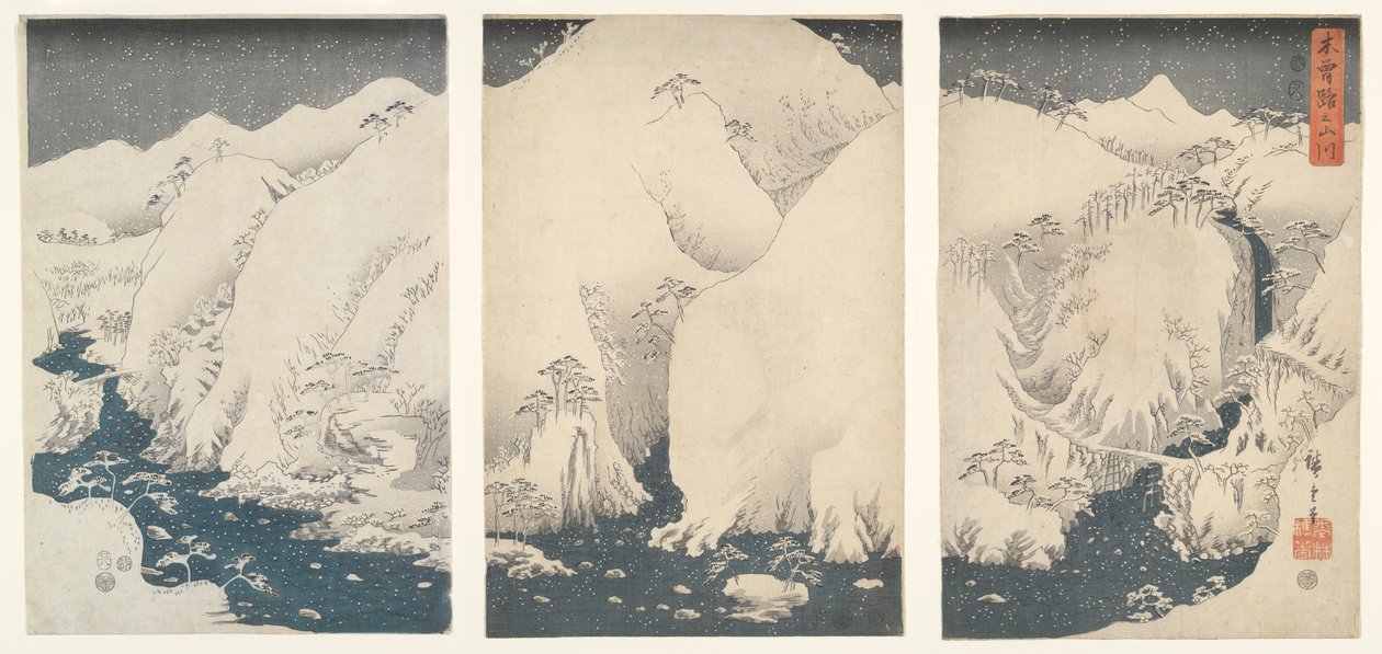 Berg och floder längs Kiso Highway under snö av Utagawa Hiroshige