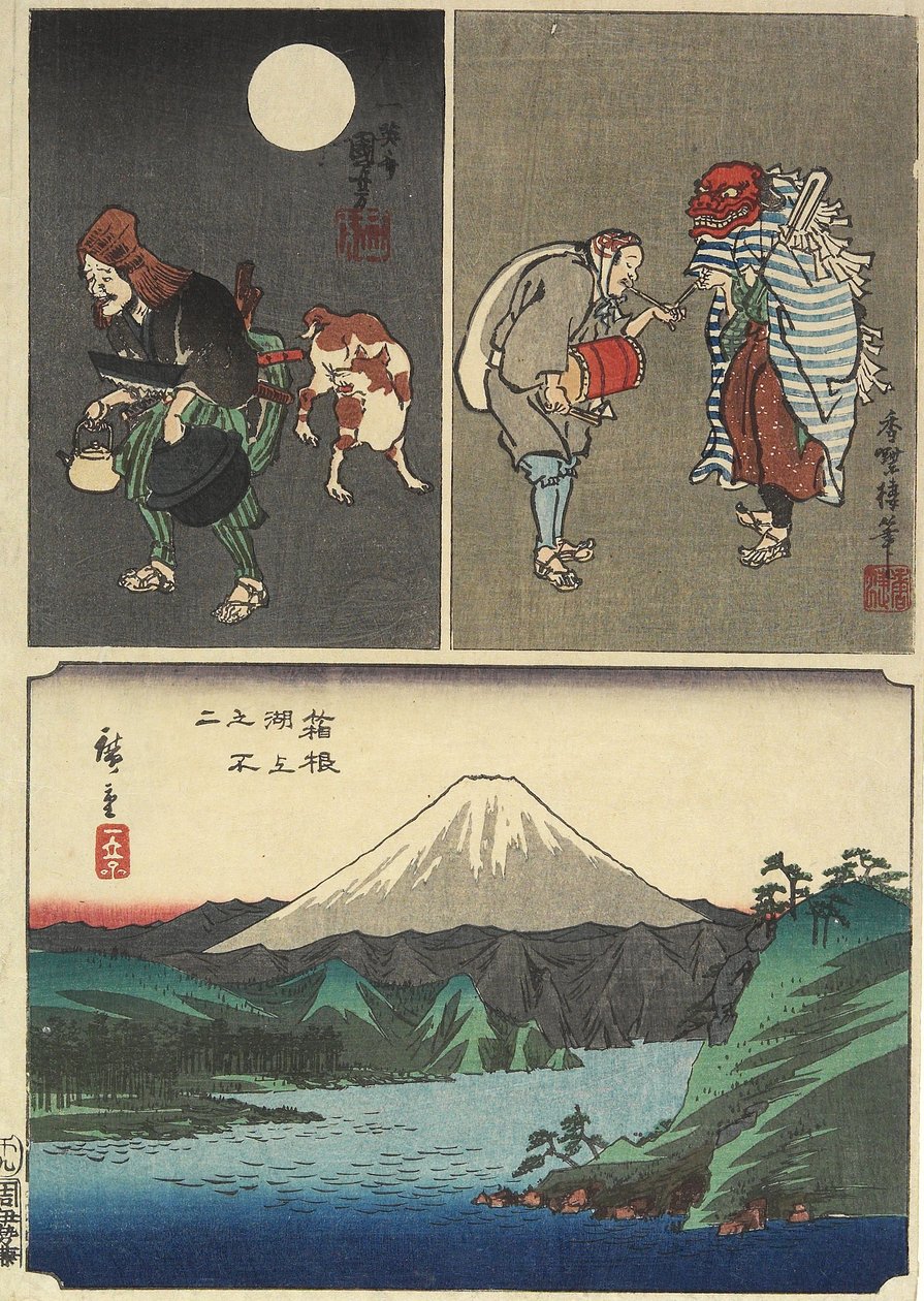 Fuji över sjön i Hakone och 2 andra bilder, september 1858 av Utagawa Hiroshige