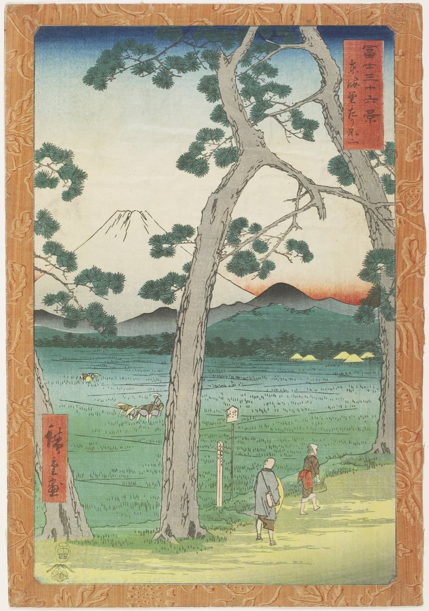 Mount Fuji till vänster sett från To_kaido_ Road, april 1858 av Utagawa Hiroshige