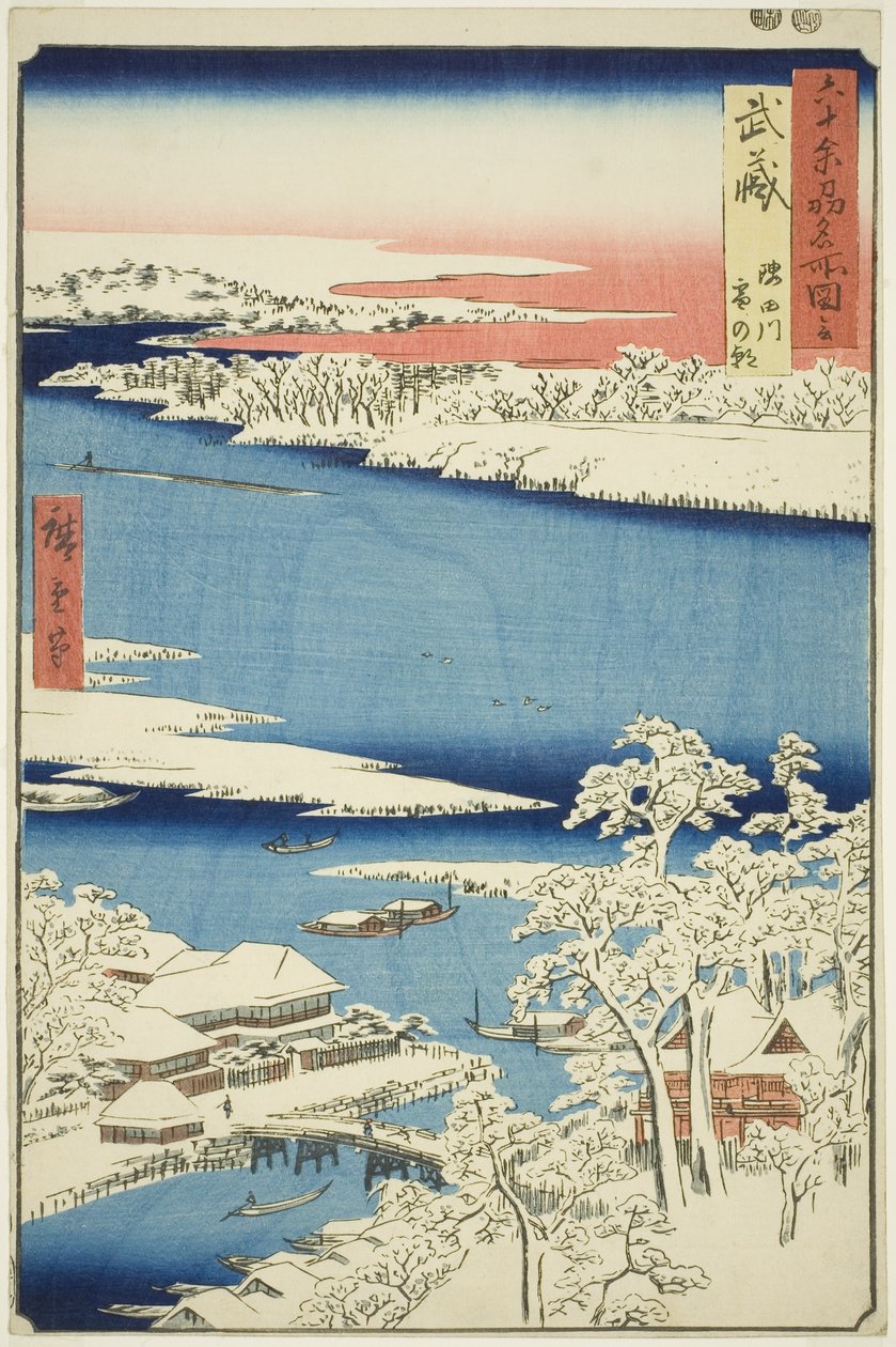 Musashi-provinsen: Morgon efter snö på Sumidafloden (Musashi, Sumidagawa yuki no ashita), från serien "Kända platser i de sextio-udda provinserna (Rokujuyoshu meisho zue)" av Utagawa Hiroshige