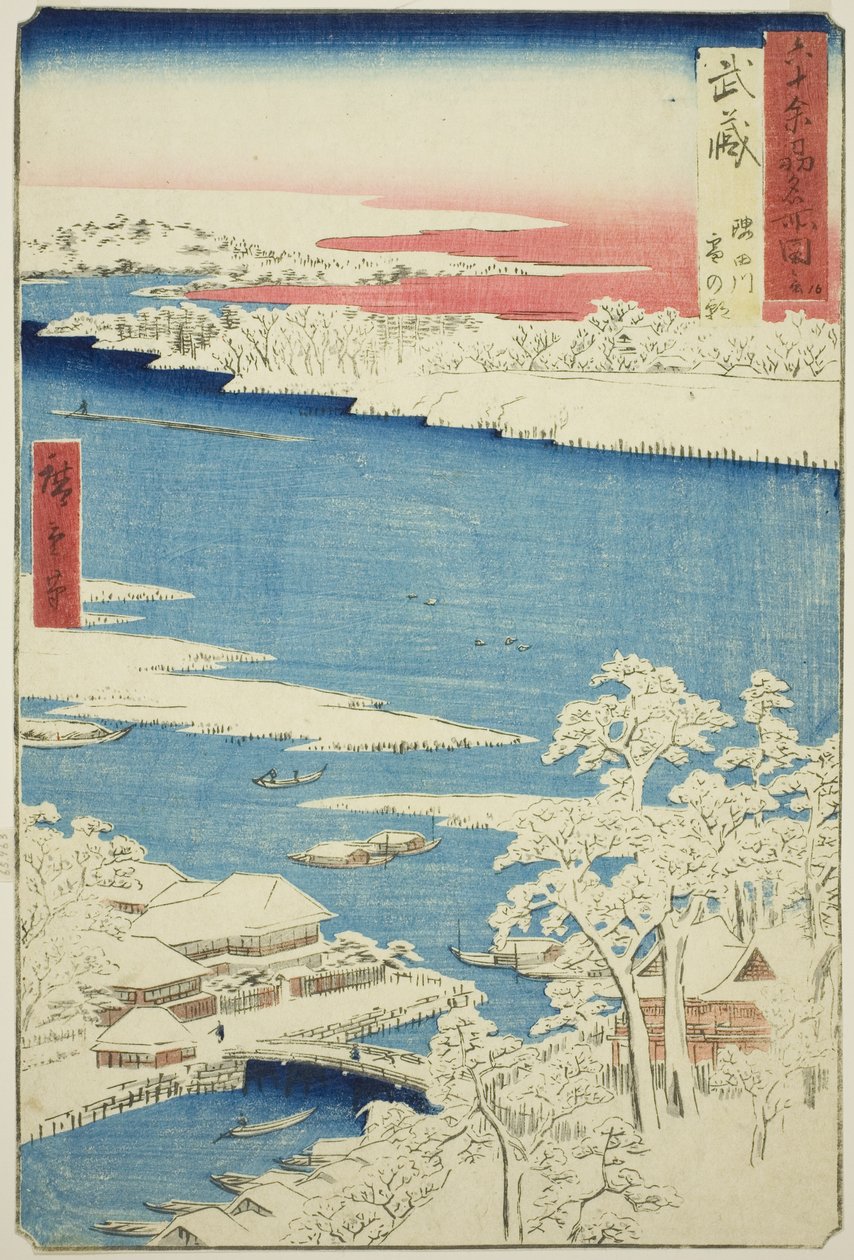 Musashi-provinsen: Morgon efter snö på Sumidafloden (Musashi, Sumidagawa yuki no ashita), från serien "Kända platser i de sextio-udda provinserna (Rokujuyoshu meisho zue)" av Utagawa Hiroshige