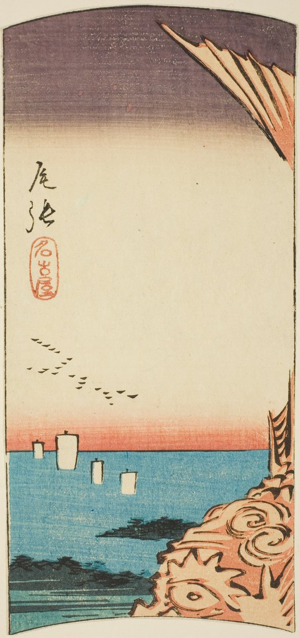 Nagoya i Owari-provinsen, avsnitt av blad nr. 4 från serien "Utklippta bilder av provinserna" av Utagawa Hiroshige