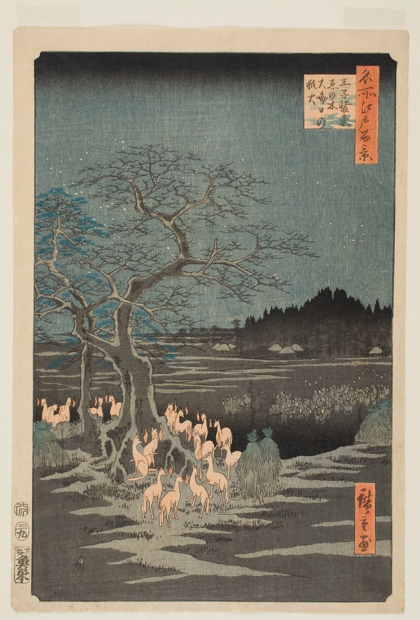 Nyårsaftonens eldljus vid det föränderliga trädet i Ōji, ur serien ”Ett hundratal berömda vyer från Edo” av Utagawa Hiroshige