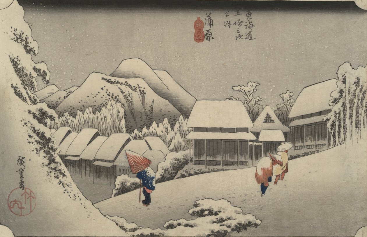 Night Snow at Kanbara, från serien Fifty-three Stations of the T?kaid? av Utagawa Hiroshige