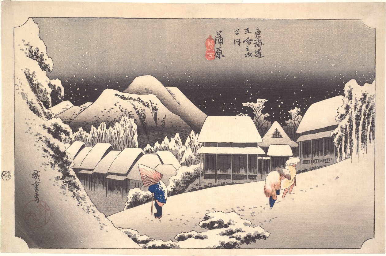Nattlig snö i Kanbara, ur serien ”De femtiotre stationerna längs Tōkaidō” av Utagawa Hiroshige