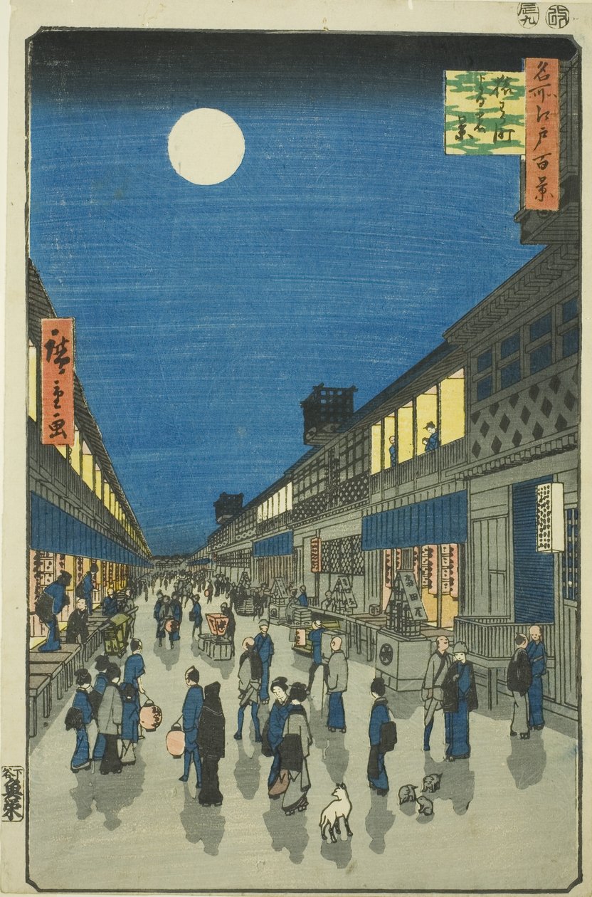 Night Vie of Salwakar Street (Salwakar Street night system), från serien "Ridge dre d fa net s views of Edo (One Hundred Famous Views of Edo)" av Utagawa Hiroshige
