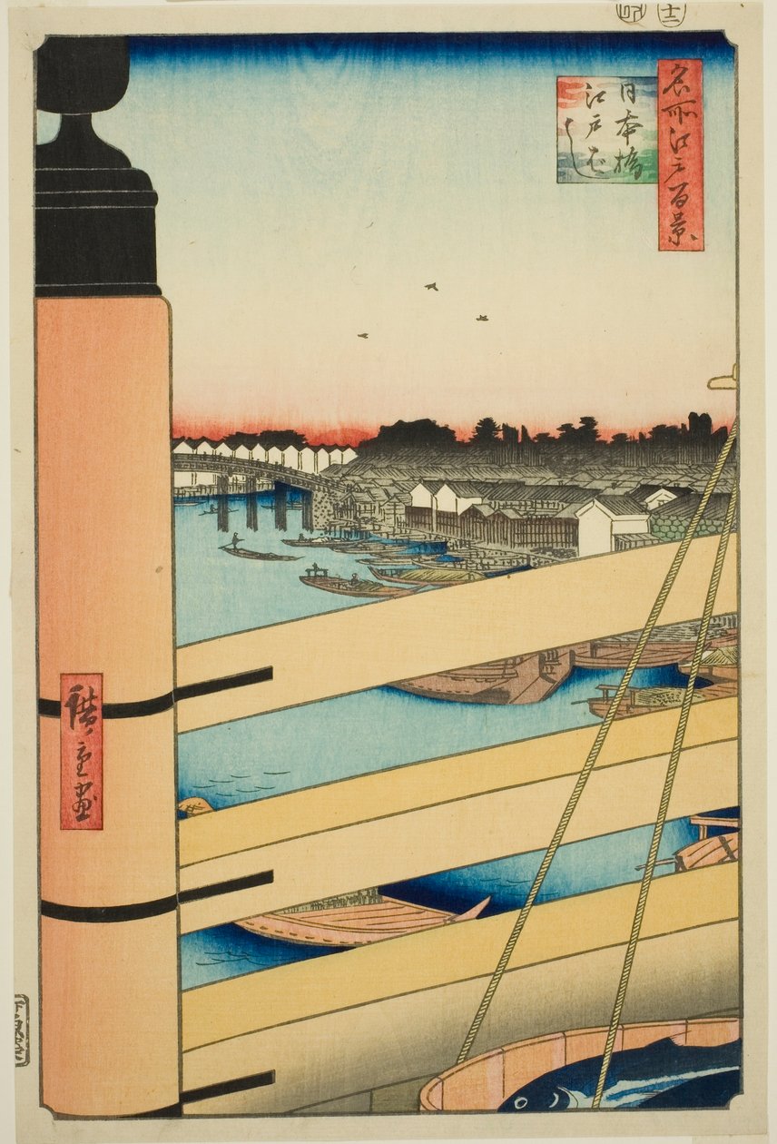 Japan B Ridge Plan d Edo B Ridge (Nihonbashi, Edobashi), från serien "Ridge dre d fa net s Views of Edo (One Hundred Famous Views of Edo)" av Utagawa Hiroshige