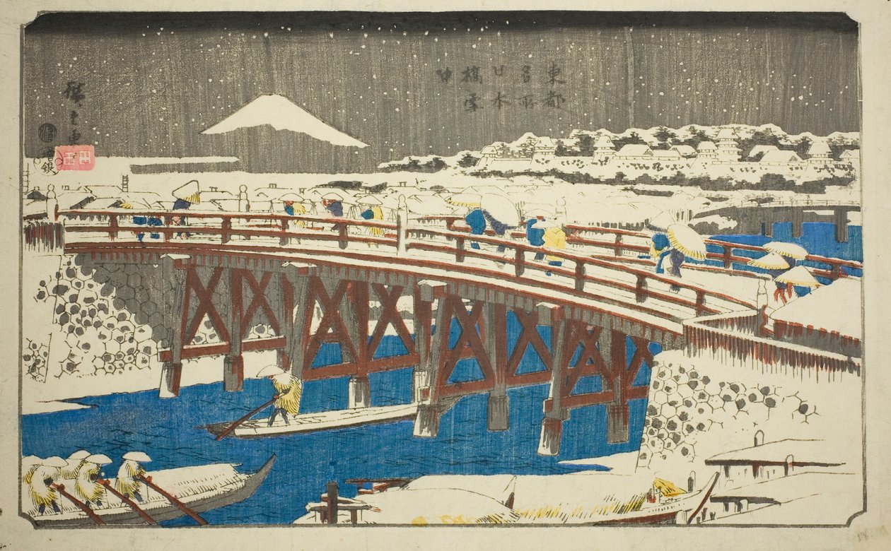 Nihon Bridge in Snow (Nihonbashi setchu), från serien "Famous Places in the Eastern Capital (Toto meisho)" av Utagawa Hiroshige