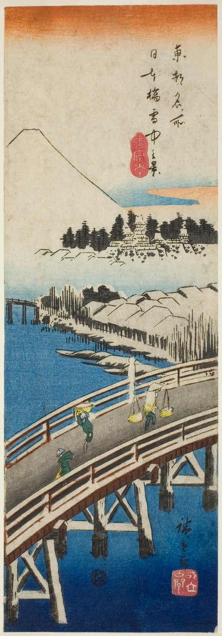 Nihon-bron sett i snön (Nihonbashi setchu no kei), från serien "Famous Views in the Eastern Capital (Toto meisho)" av Utagawa Hiroshige