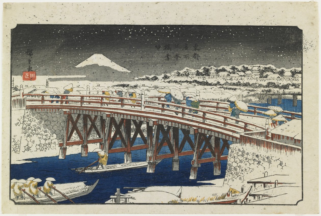 Nihonbashi-bron i snö, 1839-1842 av Utagawa Hiroshige