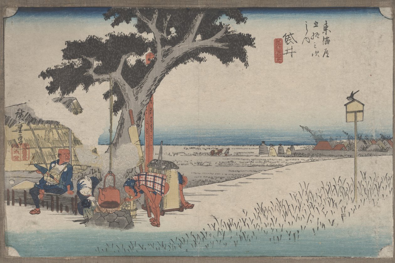 Nr 28 "Utomhus te-station vid Fukuroi" Från 53 stationer på Tokaido av Utagawa Hiroshige