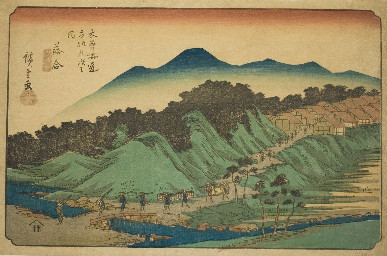 av. 45: Ochiai, från Te-seriens "Shi x t y ne s ta on s of te kisokaid (kisokaido rokujukyu tsugi no uchi)" av Utagawa Hiroshige