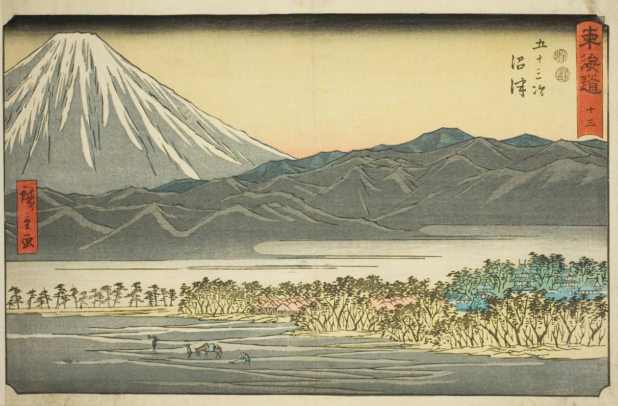 Numazu—Nej. 13, från serien "Fifty-three Stations of the Tokaido (Tokaido gojusan tsugi)," även känd som Reisho Tokaido av Utagawa Hiroshige
