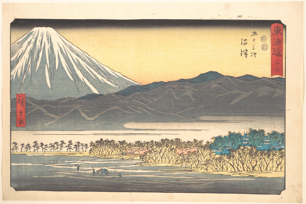Numazu, nummer 13 ur serien ”Tōkaidōs femtiotre stationer (Tōkaidō gojūsan tsugi)” av Utagawa Hiroshige