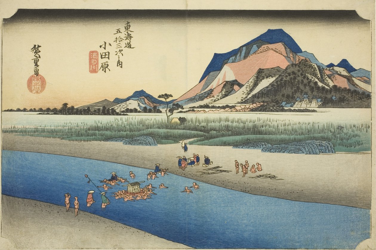 Odawara: The Sakawa River (Odawara, Sakawagawa), från serien "Fifty-three Stations of the Tokaido Road (Tokaido gojusan tsugi no uchi)," även känd som Hoeido Tokaido av Utagawa Hiroshige
