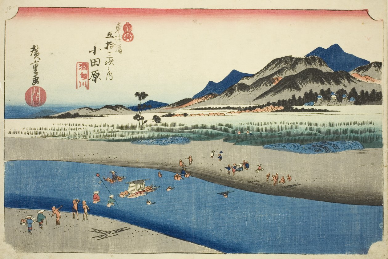 Odawara: The Sakawa River (Odawara, Sakawagawa), från serien "Fifty-three Stations of the Tokaido Road (Tokaido gojusan tsugi no uchi)," även känd som Hoeido Tokaido av Utagawa Hiroshige