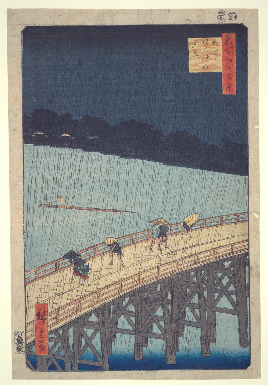 Ohashi Bridge, Sudden Shower at Atake, från serien One Hundred Famous Views of Edo av Utagawa Hiroshige