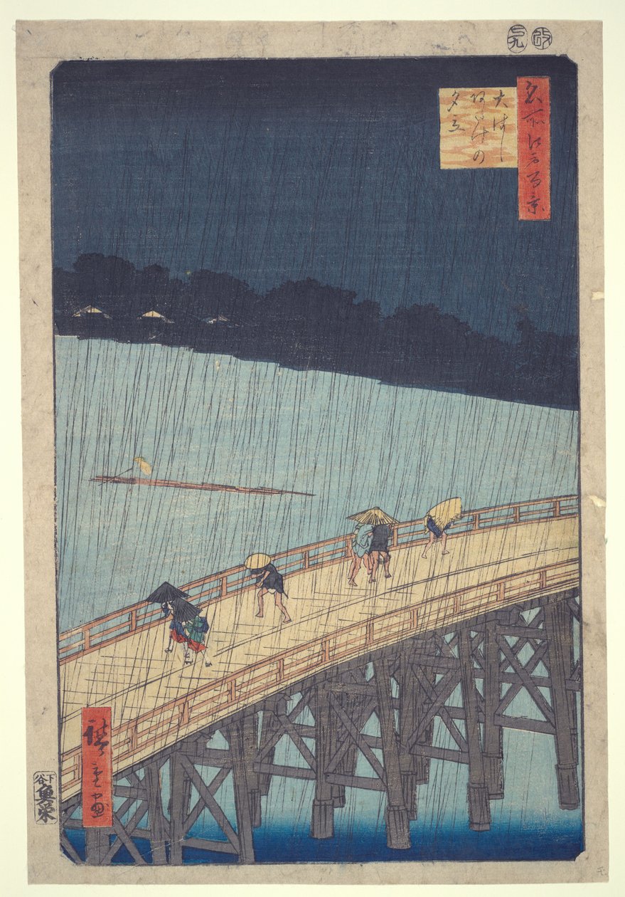 Ōhashi-bron, plötsligt regn vid Atake, ur serien ”Ett hundratal berömda vyer från Edo” av Utagawa Hiroshige