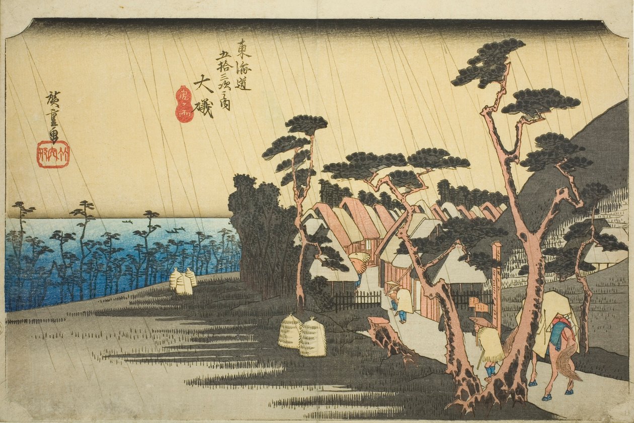 Oiso: Toras regn (Oiso, Tora ga ame), från serien "Femtiotre stationer på Tokaidovägen (Tokaido gojusan tsugi no uchi)", även känd som Hoeido Tokaido av Utagawa Hiroshige