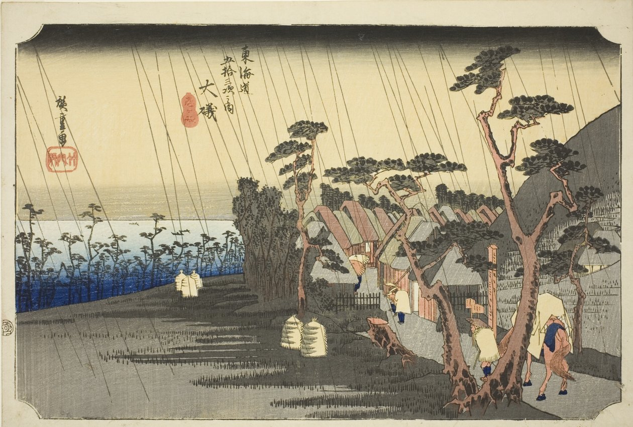 Oiso: Toras regn (Oiso, Tora ga ame), från serien "Femtiotre stationer på Tokaidovägen (Tokaido gojusan tsugi no uchi)", även känd som Hoeido Tokaido av Utagawa Hiroshige