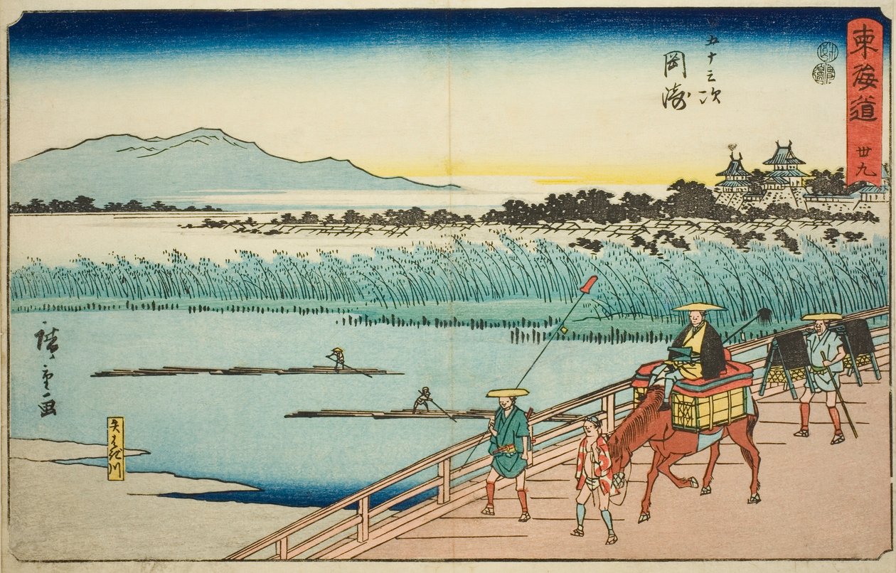 Okazaki: Yahagi River (Okazaki, Yahagigawa)—Nr 39, från serien "Fifty-three Stations of the Tokaido (Tokaido gojusan tsugi)," även känd som Reisho Tokaido av Utagawa Hiroshige