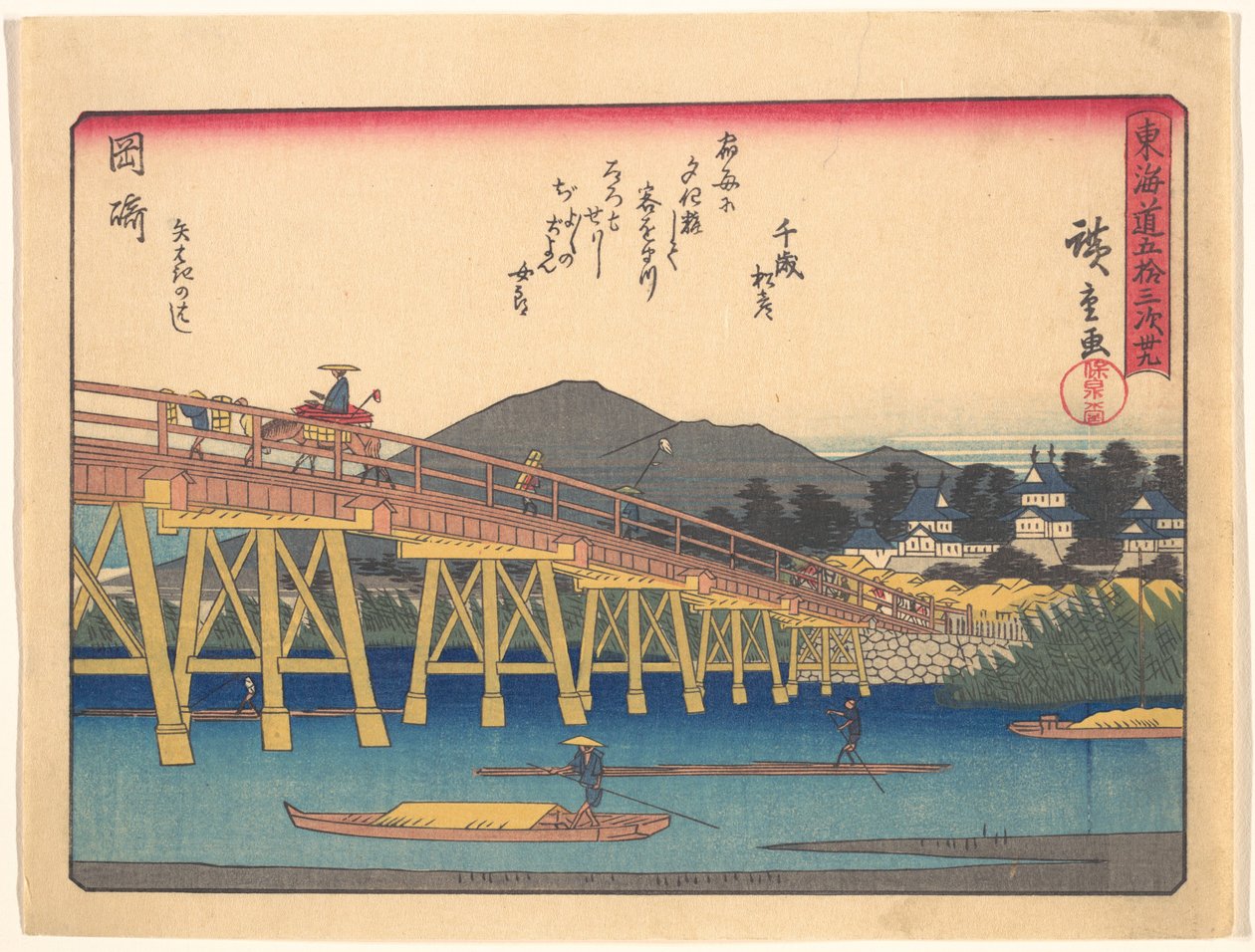 Okazaki, ur serien ”De femtiotre stationerna längs Tōkaidō-vägen” av Utagawa Hiroshige