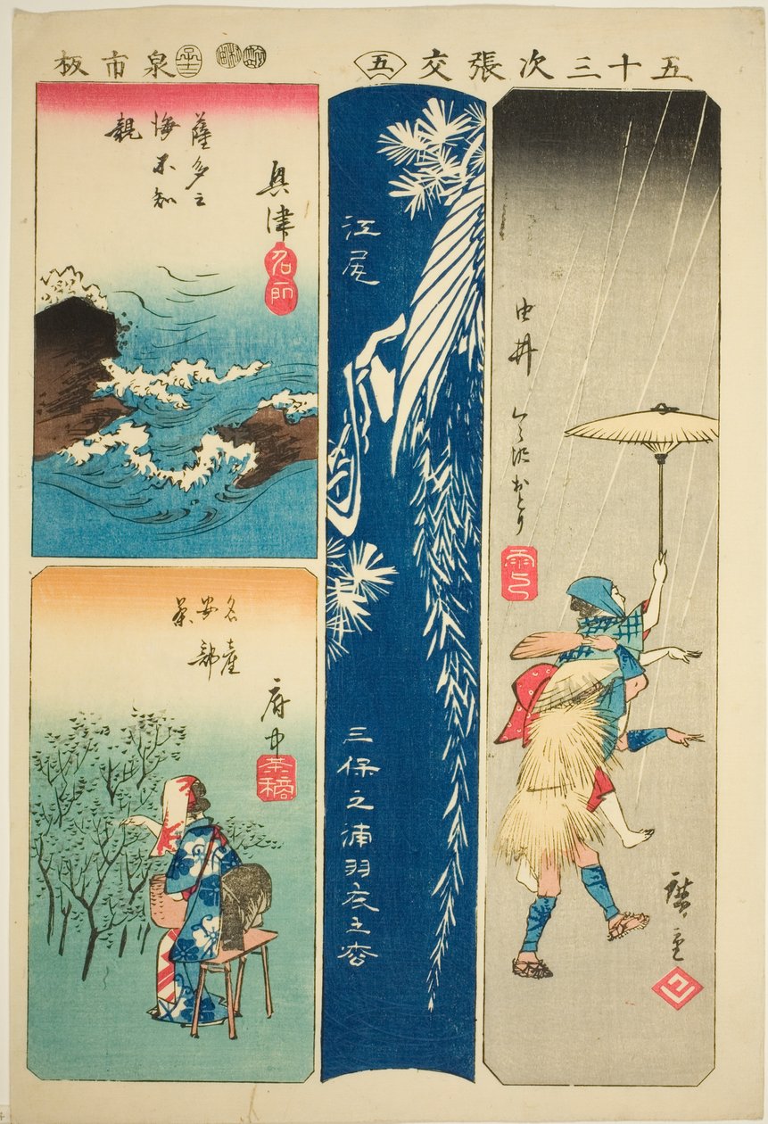 Okitsu, Ejiri, Yui och Fuchu, nej. 5 från serien "Cutouts of the Fifty-three Stations (Gojusan tsugi harimaze)" av Utagawa Hiroshige