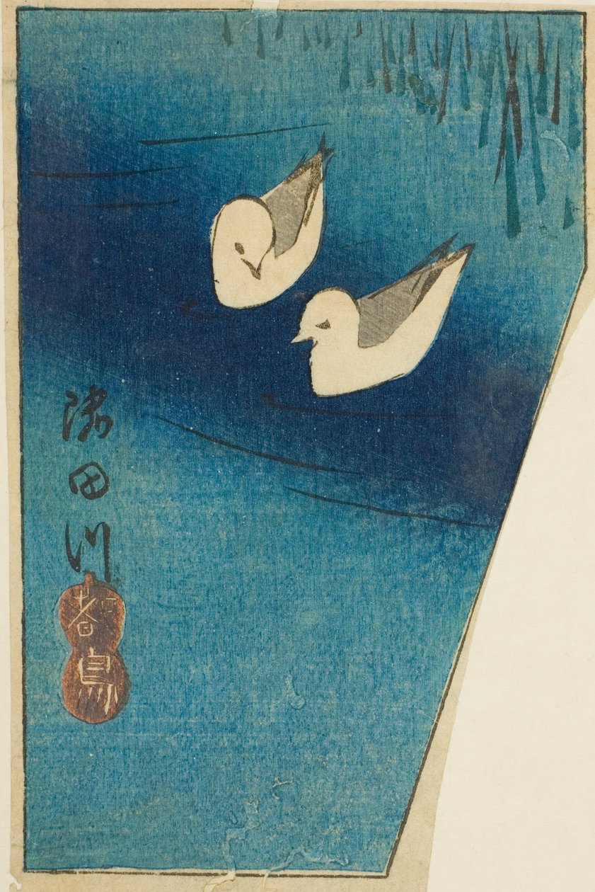 Oystercatchers on the Sumida River (Sumidagawa, miyakodori), del av ett ark från serien "Utskärningar av berömda platser i Edo (Harimaze Koto meisho)" av Utagawa Hiroshige