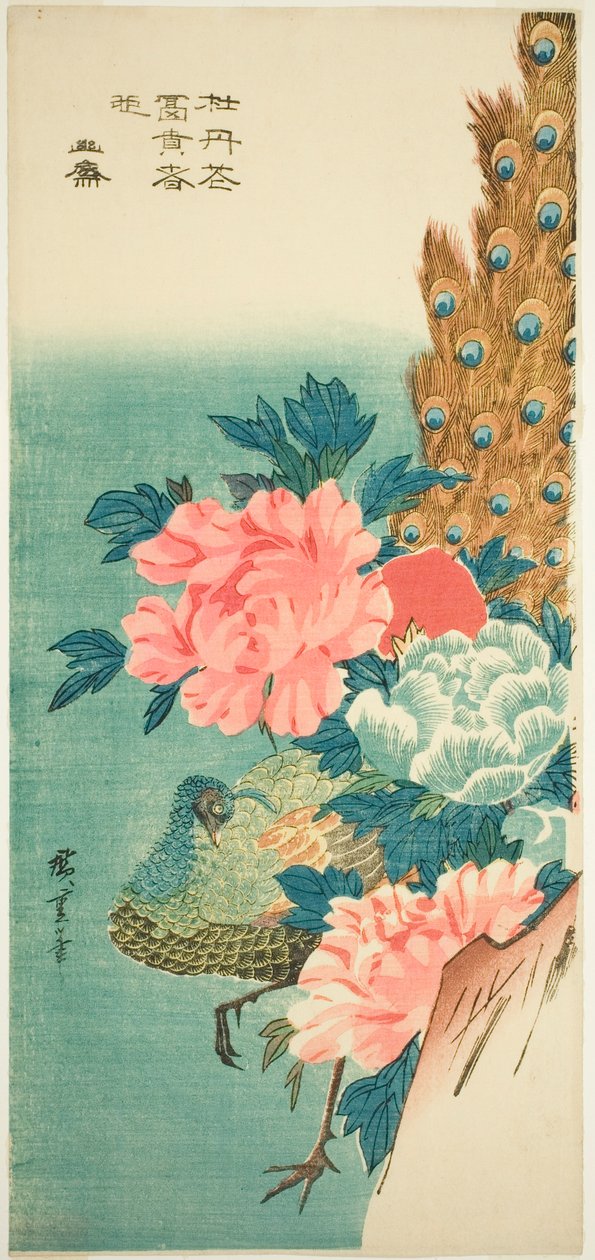 Påfågel och pioner av Utagawa Hiroshige