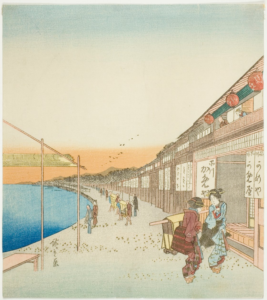 Fotgängare och butiker vid hamnen i Shinagawa av Utagawa Hiroshige