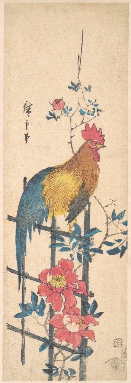 Pfingstrose und Hahn av Utagawa Hiroshige