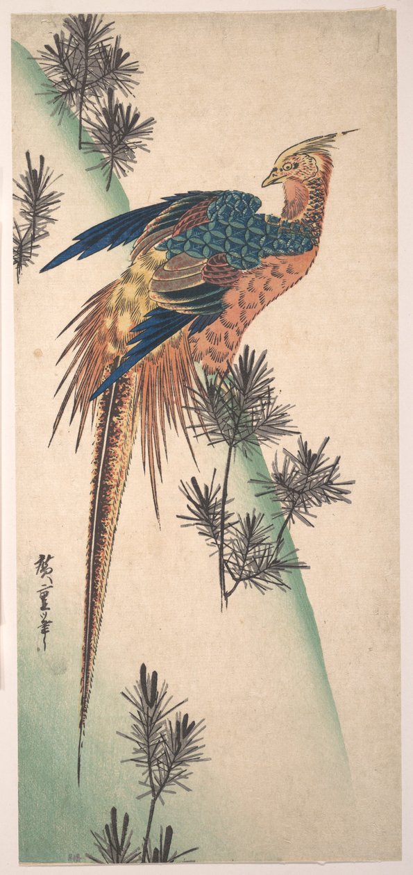 Fasan och tallar på en snötäckt sluttning av Utagawa Hiroshige