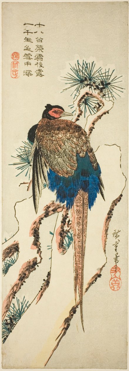 Fasan på en snötäckt tall av Utagawa Hiroshige